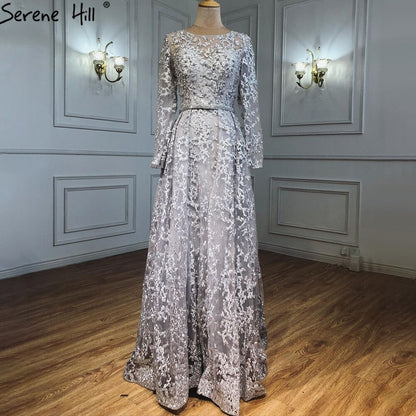 Serene Hill Muslim Grey A-Line Evening Dresses Gowns 2025 Lace Beaded Luxury For Woman Wedding Party LA71211 - SERENE HILL