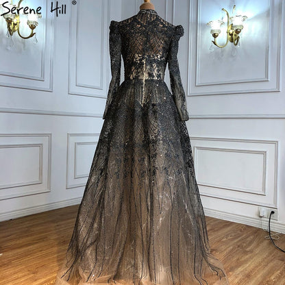 Serene Hill Muslim Grey Luxury A lineEvening Dresses Gowns 2025 A-Line Beading For Woman Wedding Party LA71126 - SERENE HILL