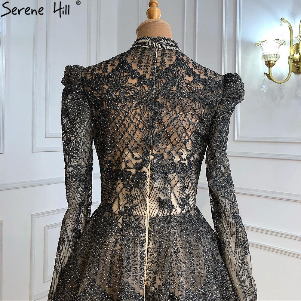 Serene Hill Muslim Grey Luxury A lineEvening Dresses Gowns 2025 A-Line Beading For Woman Wedding Party LA71126 - SERENE HILL