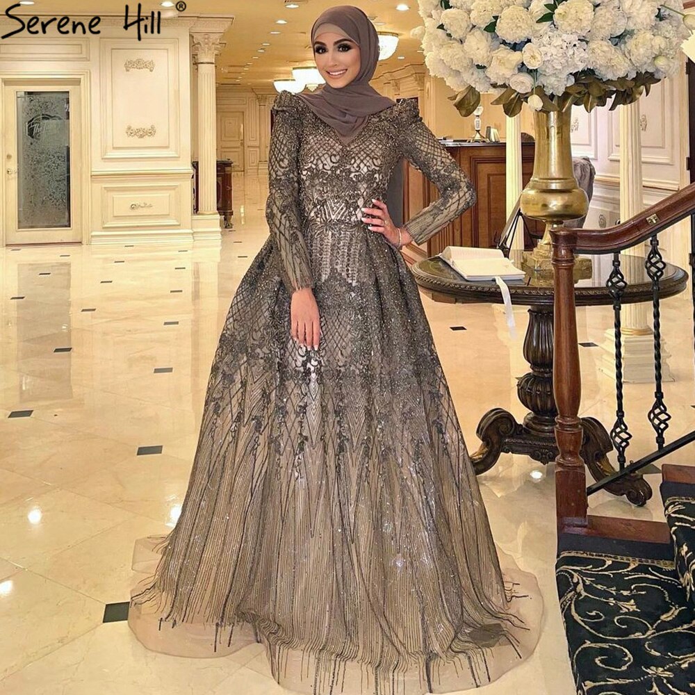 Serene Hill Muslim Grey Luxury A lineEvening Dresses Gowns 2025 A-Line Beading For Woman Wedding Party LA71126 - SERENE HILL