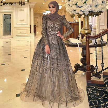 Serene Hill Muslim Grey Luxury A lineEvening Dresses Gowns 2025 A-Line Beading For Woman Wedding Party LA71126 - SERENE HILL