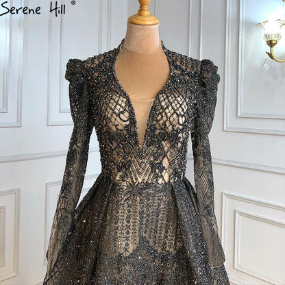 Serene Hill Muslim Grey Elegant Evening Dresses Long 2025 A-Line Beaded Wedding Party Gowns For Woman LA71126 - SERENE HILL