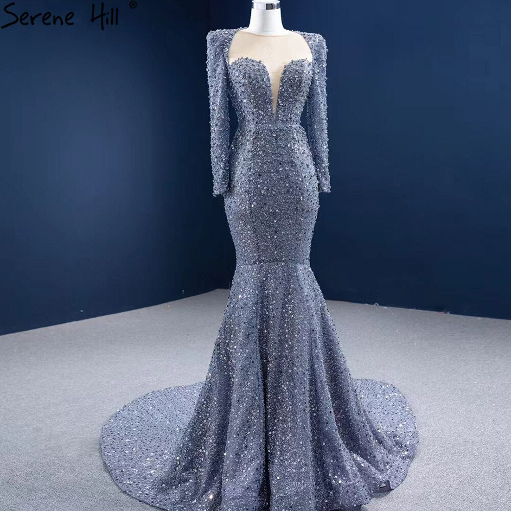 Serene Hill Muslim Grey Mermaid Evening Dresses 2025 Beaded Elegant Luxury Formal Dress HM67272 - SERENE HILL
