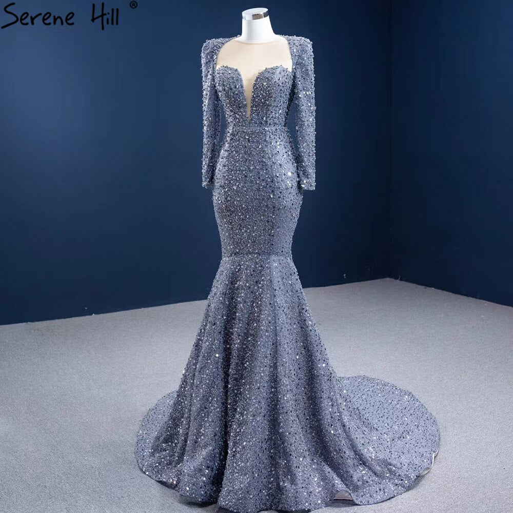 Serene Hill Muslim Grey Mermaid Evening Dresses 2025 Beaded Elegant Luxury Formal Dress HM67272 - SERENE HILL