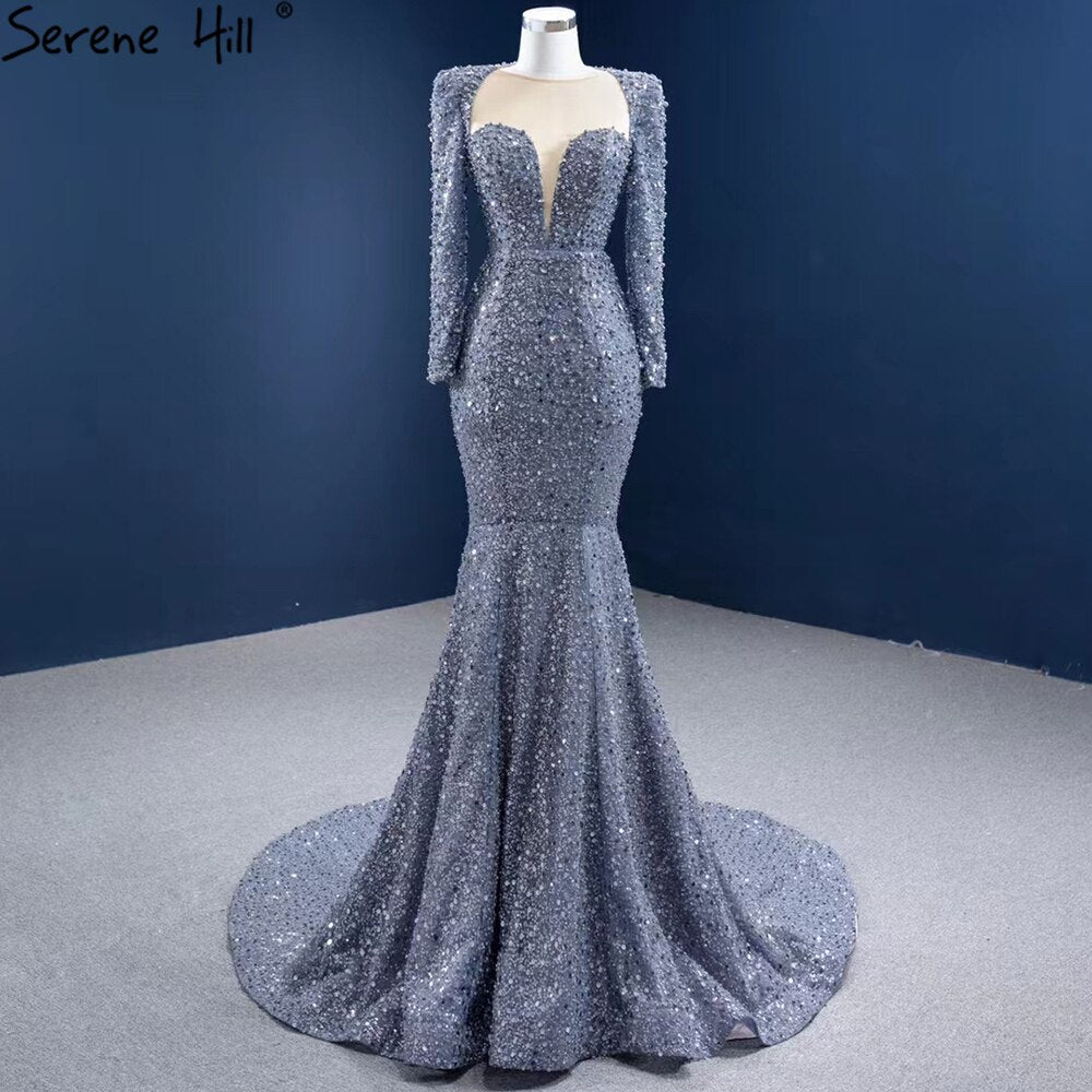 Serene Hill Muslim Grey Mermaid Evening Dresses 2025 Beaded Elegant Luxury Formal Dress HM67272 - SERENE HILL