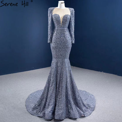 Serene Hill Muslim Grey Mermaid Evening Dresses 2025 Beaded Elegant Luxury Formal Dress HM67272 - SERENE HILL