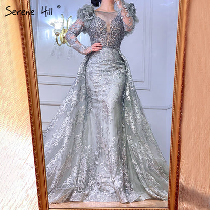 On Sale no return no refundSerene Hill Muslim Grey Mermaid Evening Dresses Gowns 2025 Lace Beaded Crystal With Overskirt For Woman Party LA71172 - SERENE HILL