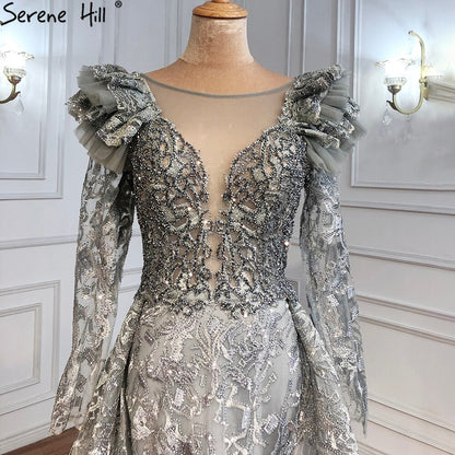 On Sale no return no refundSerene Hill Muslim Grey Mermaid Evening Dresses Gowns 2025 Lace Beaded Crystal With Overskirt For Woman Party LA71172 - SERENE HILL