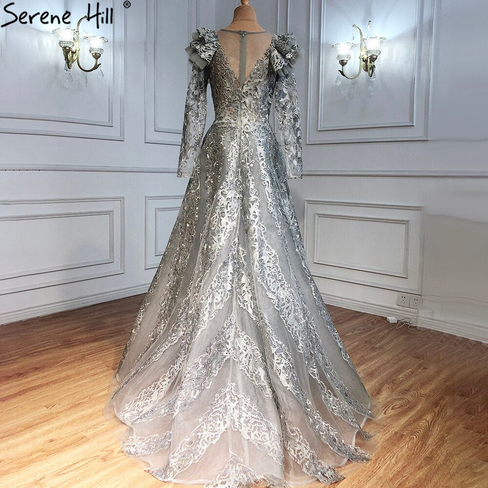 On Sale no return no refundSerene Hill Muslim Grey Mermaid Evening Dresses Gowns 2025 Lace Beaded Crystal With Overskirt For Woman Party LA71172 - SERENE HILL