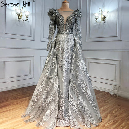On Sale no return no refundSerene Hill Muslim Grey Mermaid Evening Dresses Gowns 2025 Lace Beaded Crystal With Overskirt For Woman Party LA71172 - SERENE HILL