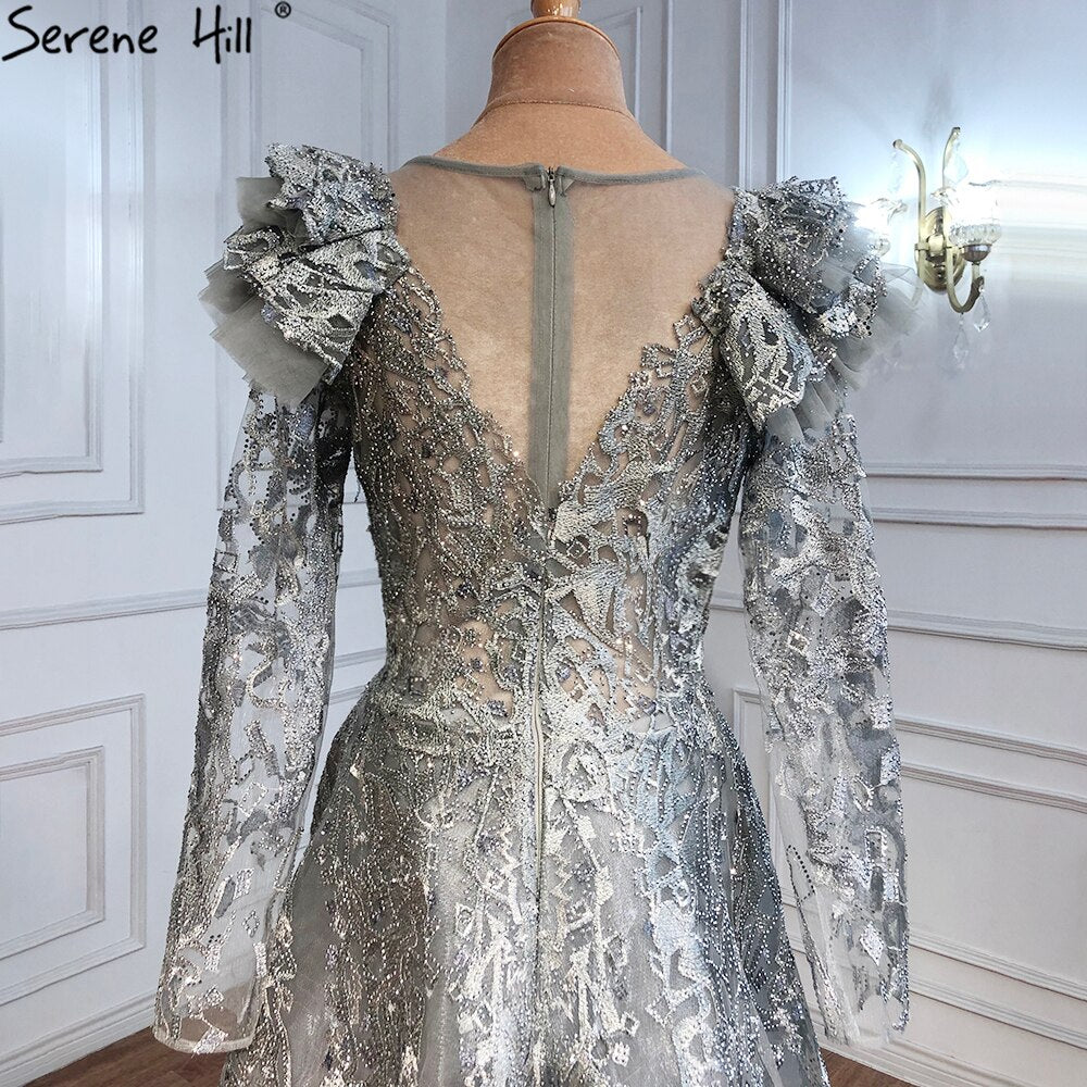 On Sale no return no refundSerene Hill Muslim Grey Mermaid Evening Dresses Gowns 2025 Lace Beaded Crystal With Overskirt For Woman Party LA71172 - SERENE HILL