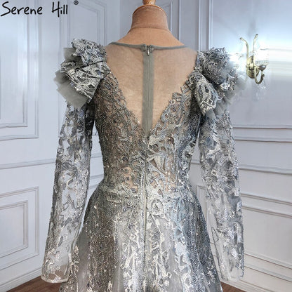 On Sale no return no refundSerene Hill Muslim Grey Mermaid Evening Dresses Gowns 2025 Lace Beaded Crystal With Overskirt For Woman Party LA71172 - SERENE HILL