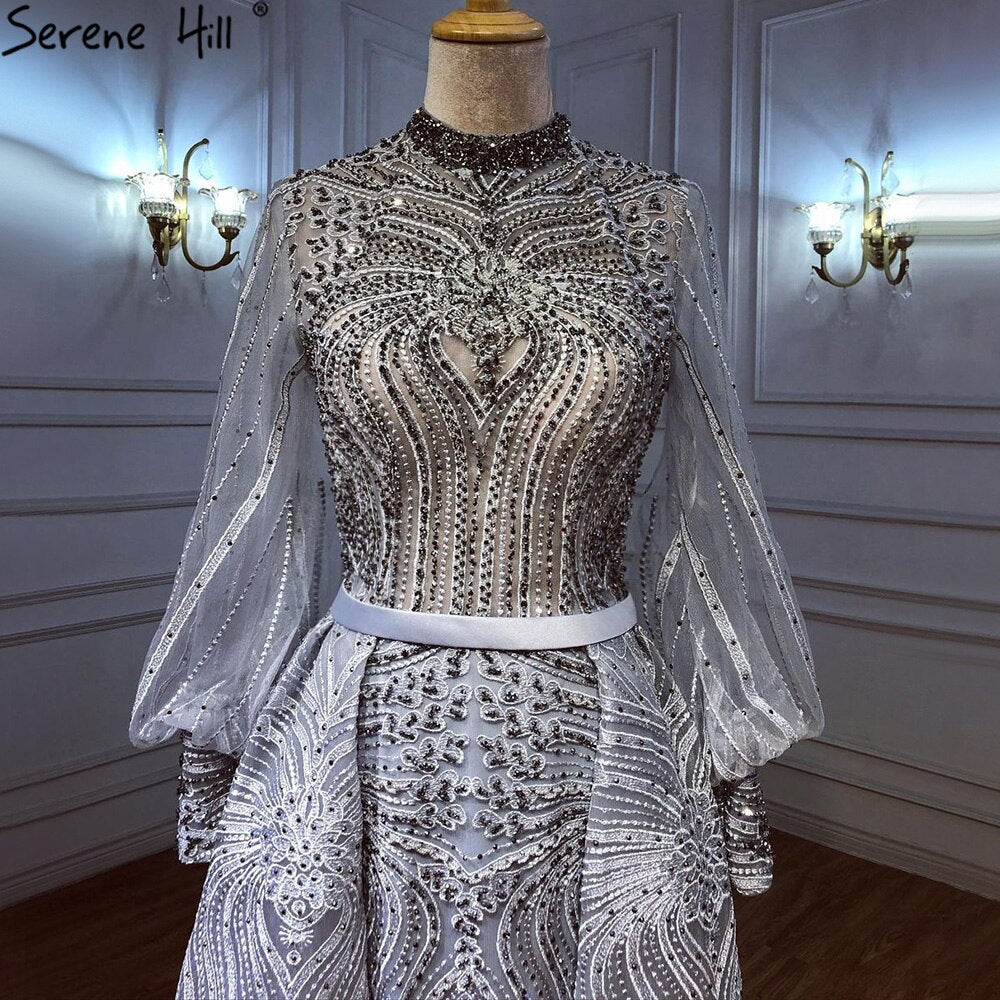 Serene Hill Muslim Grey Overskirt Evening Dresses Gowns 2025 Mermaid Elegant Beaded For Woman Party LA71248 - SERENE HILL
