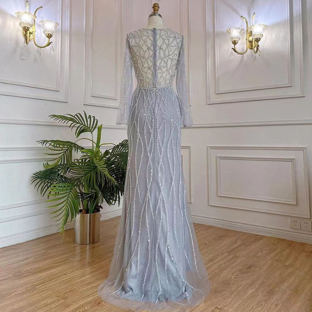 Serene Hill Muslim Grey V Neck Mermaid Beaded Luxury Dubai Evening Dresses 2025 For Women Elegant Party LA71903 - SERENE HILL