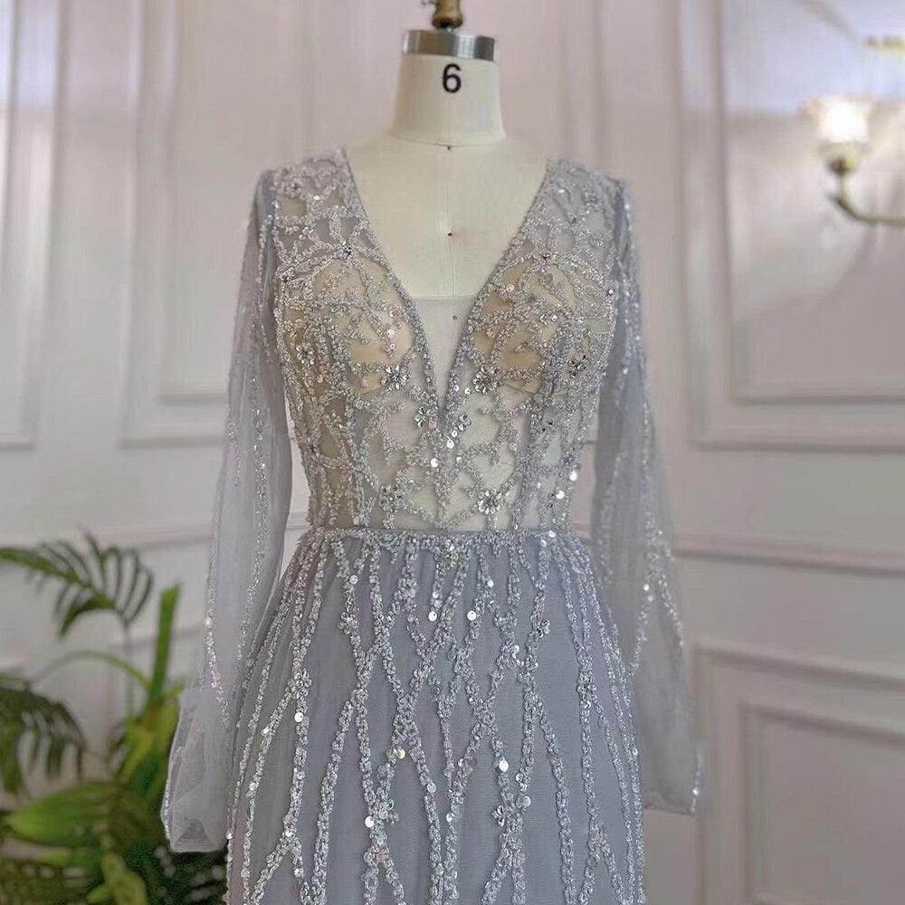 Serene Hill Muslim Grey V Neck Mermaid Beaded Luxury Dubai Evening Dresses 2025 For Women Elegant Party LA71903 - SERENE HILL