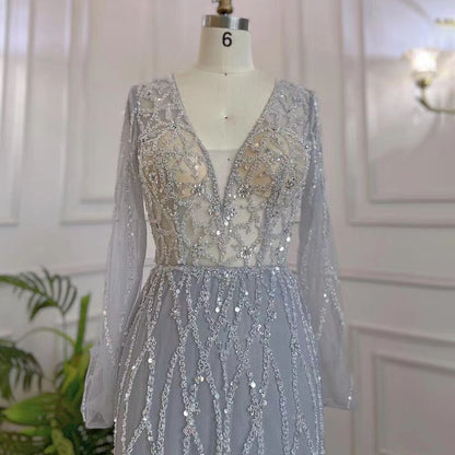 Serene Hill Muslim Grey V Neck Mermaid Beaded Luxury Dubai Evening Dresses 2025 For Women Elegant Party LA71903 - SERENE HILL