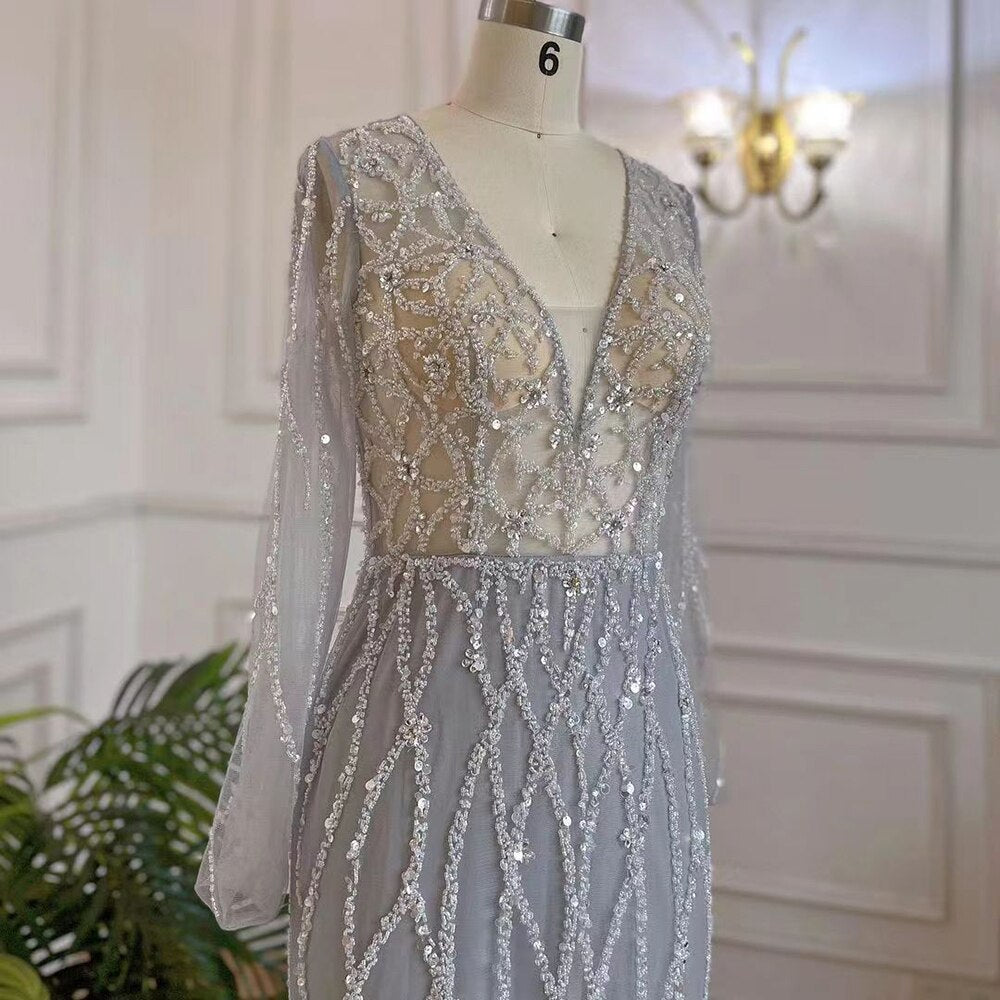Serene Hill Muslim Grey V Neck Mermaid Beaded Luxury Dubai Evening Dresses 2025 For Women Elegant Party LA71903 - SERENE HILL