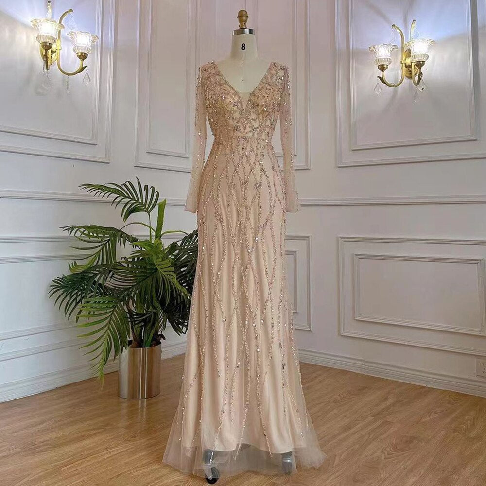 Serene Hill Muslim Grey V Neck Mermaid Beaded Luxury Dubai Evening Dresses 2025 For Women Elegant Party LA71903 - SERENE HILL