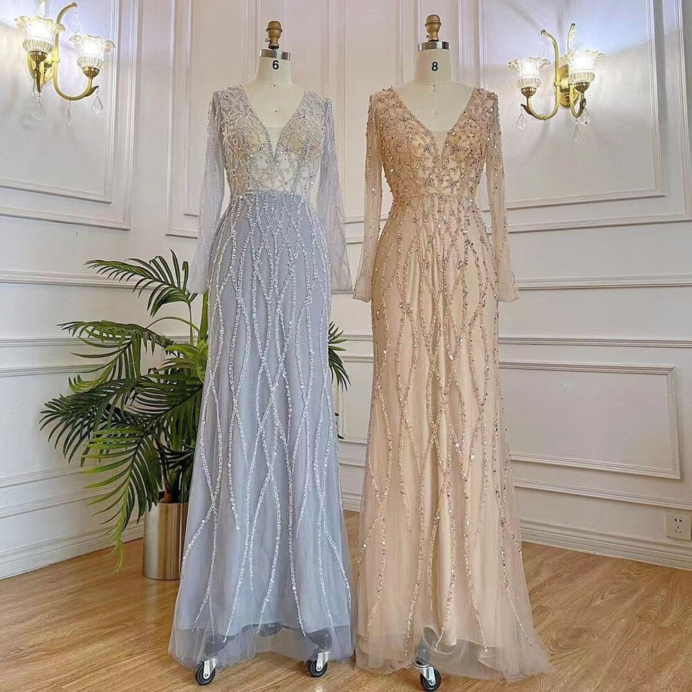 Serene Hill Muslim Grey V Neck Mermaid Beaded Luxury Dubai Evening Dresses 2025 For Women Elegant Party LA71903 - SERENE HILL