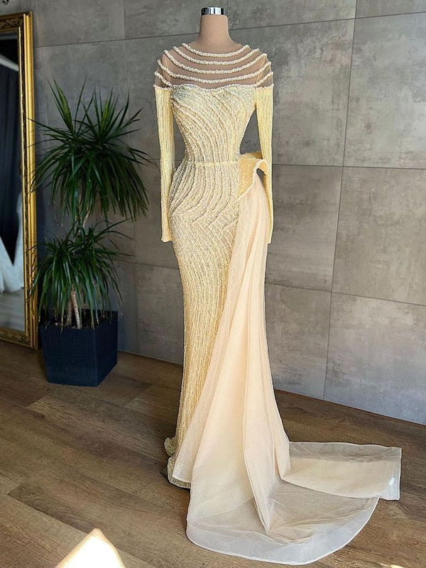 Serene Hill Muslim Ivory Mermaid Elegant With Skirt O Neck Luxury Beaded Evening Gowns 2025 For Women Party LA71767