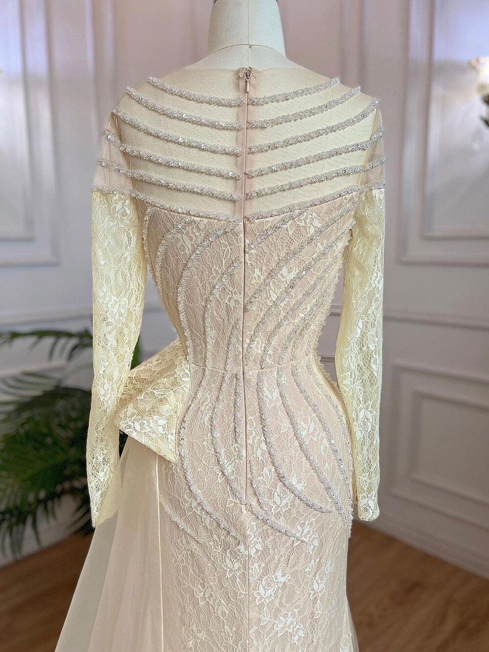 Serene Hill Muslim Ivory Mermaid Elegant With Skirt O Neck Luxury Beaded Evening Gowns 2025 For Women Party LA71767 - SERENE HILL