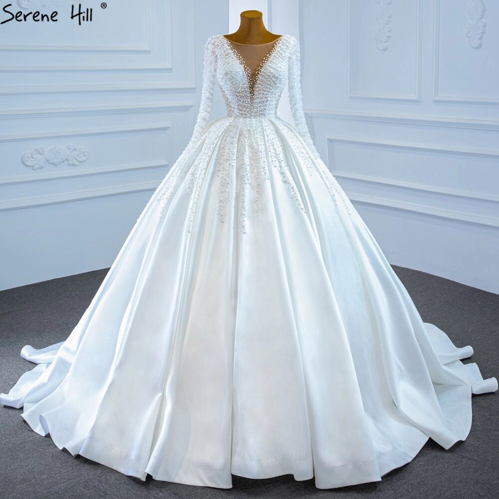 Serene Hill Muslim Ivory Satin Luxury Wedding Dresses Gowns 2025 Beading Pearls Sexy Bride Dress HM67210 Custom Made - SERENE HILL