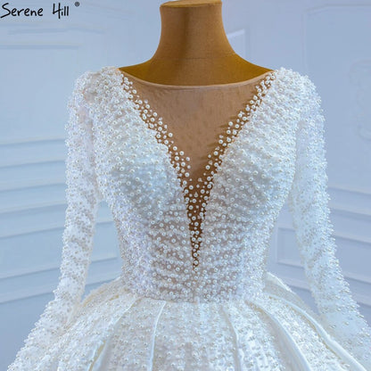 Serene Hill Muslim Ivory Satin Luxury Wedding Dresses Gowns 2025 Beading Pearls Sexy Bride Dress HM67210 Custom Made - SERENE HILL