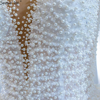 Serene Hill Muslim Ivory Satin Luxury Wedding Dresses Gowns 2025 Beading Pearls Sexy Bride Dress HM67210 Custom Made - SERENE HILL