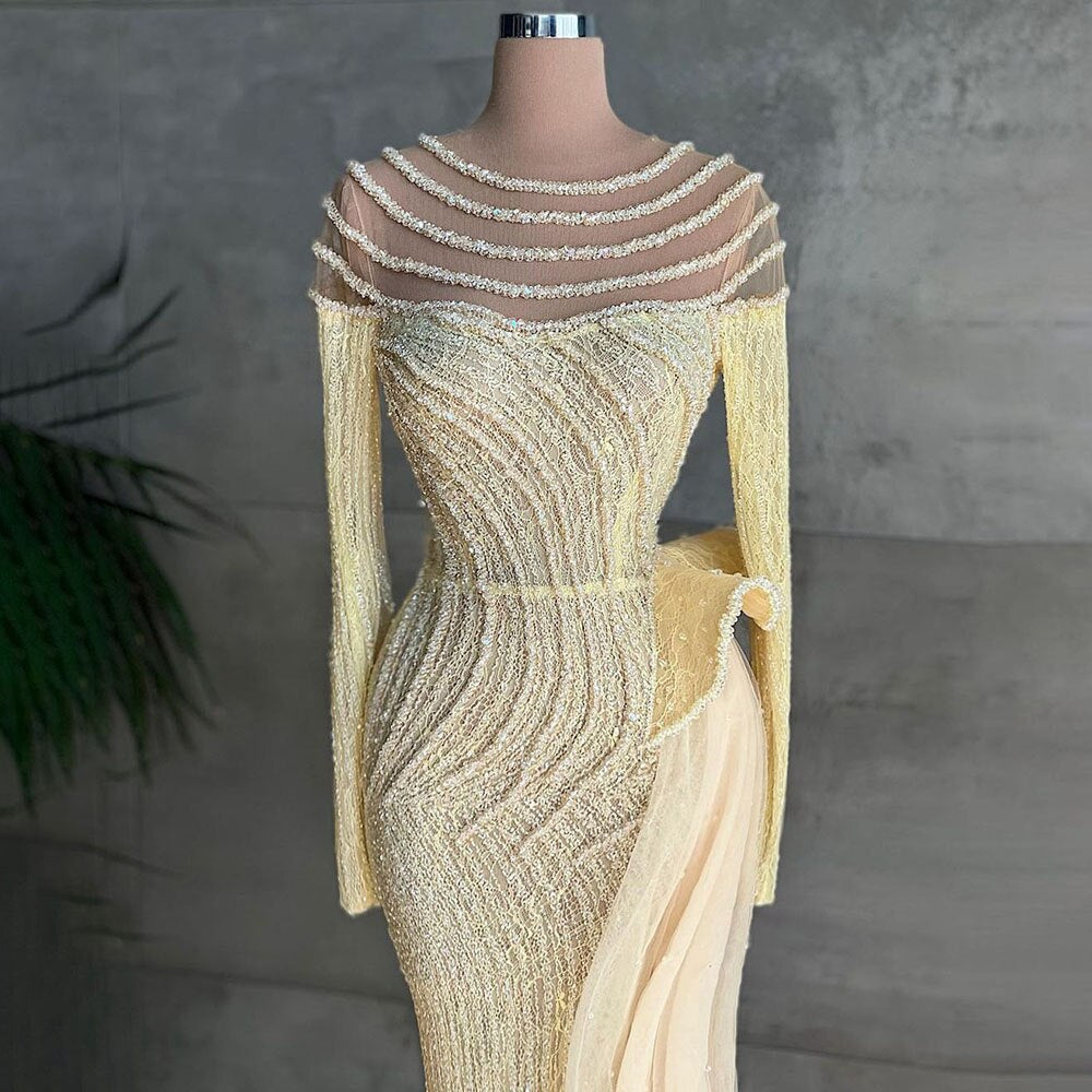 Serene Hill Muslim Ivory With Skirt Mermaid Elegant O Neck Luxury Beaded Evening Dresses Gowns 2025 For Women Party LA71767 - SERENE HILL