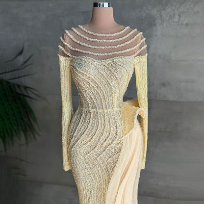Serene Hill Muslim Ivory With Skirt Mermaid Elegant O Neck Luxury Beaded Evening Dresses Gowns 2025 For Women Party LA71767 - SERENE HILL
