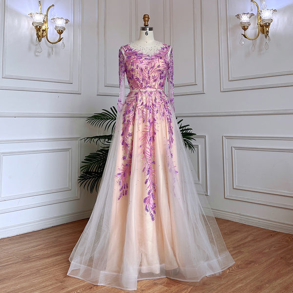 Serene Hill Muslim Lilac A Line O Neck Beaded Dubai Luxury Long Evening Dresses Gowns 2025 For Women Wedding Party LA71958