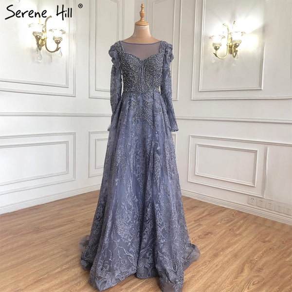 Serene Hill Muslim Luxury Blue Evening Dresses Gowns A-Line Beaded Lace 2025 For Women Party LA71312