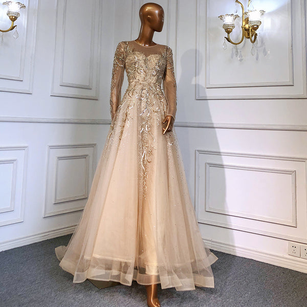 Serene Hill Muslim Luxury Gold Evening Dresses Gowns 2025 Beaded Sparkle A-Line For Women Party  LA71605