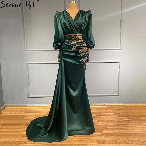 Serene Hill Muslim Luxury Green Satin Evening Dresses Gowns 2025 Mermaid Elegant Beaded For Women Party LA71365