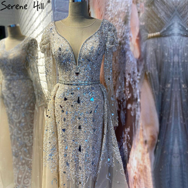 Serene Hill Muslim Luxury Nude Silver Evening Dresses Gowns 2025 Overskirt Beaded Mermaid Elegant For Woman Party LA71351
