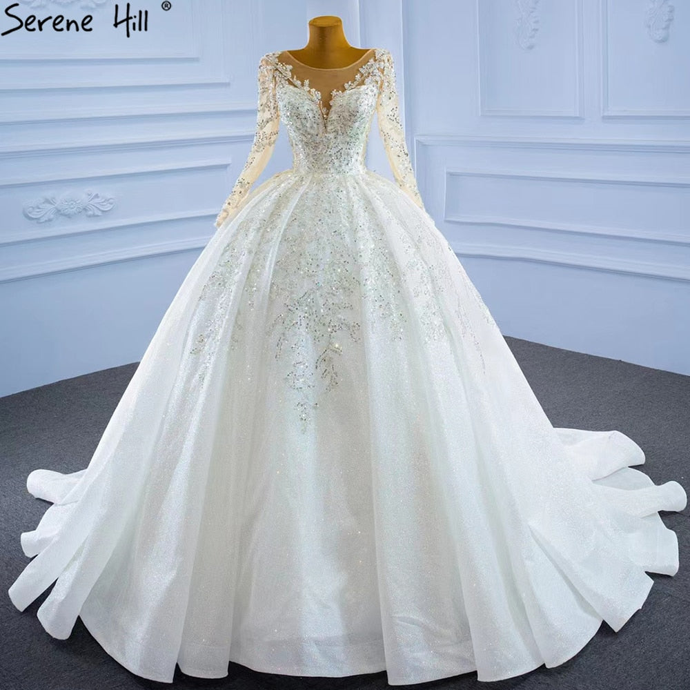 Serene Hill Muslim Luxury Wedding Dresses 2025 Beading Pearls Sexy With Train Bridal Dress HM67257 Custom Made - SERENE HILL
