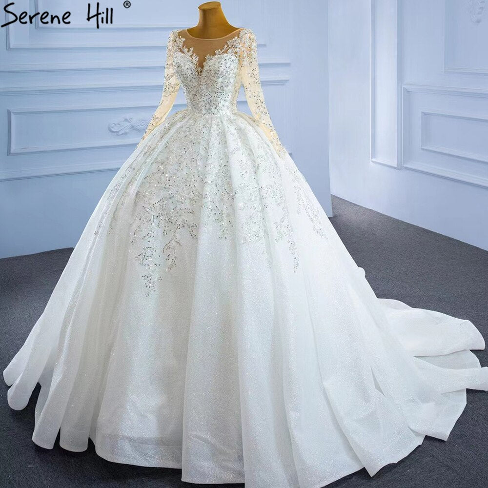 Serene Hill Muslim Luxury Wedding Dresses 2025 Beading Pearls Sexy With Train Bridal Dress HM67257 Custom Made - SERENE HILL
