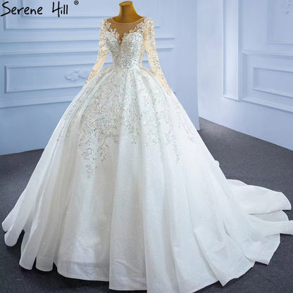 Serene Hill Muslim Luxury Wedding Dresses 2025 Beading Pearls Sexy With Train Bridal Dress HM67257 Custom Made - SERENE HILL