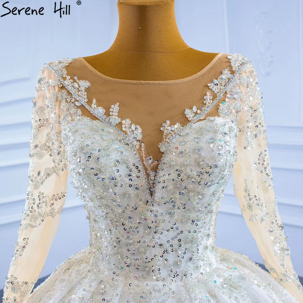 Serene Hill Muslim Luxury Wedding Dresses 2025 Beading Pearls Sexy With Train Bridal Dress HM67257 Custom Made - SERENE HILL