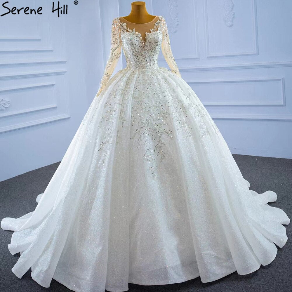 Serene Hill Muslim Luxury Wedding Dresses 2025 Beading Pearls Sexy With Train Bridal Dress HM67257 Custom Made - SERENE HILL