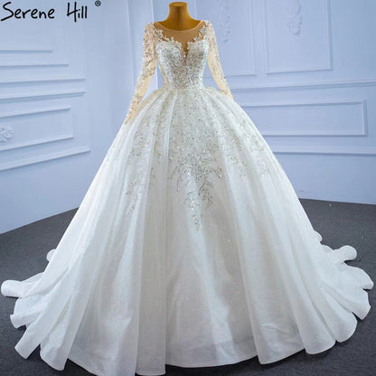 Serene Hill Muslim Luxury Wedding Dresses 2025 Beading Pearls Sexy With Train Bridal Dress HM67257 Custom Made - SERENE HILL