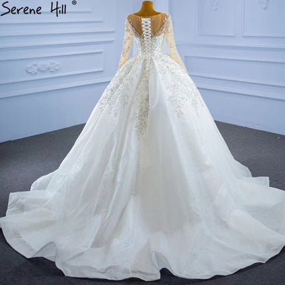 Serene Hill Muslim Luxury Wedding Dresses 2025 Beading Pearls Sexy With Train Bridal Dress HM67257 Custom Made - SERENE HILL
