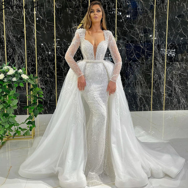 Serene Hill Muslim Luxury White Detachable Skirt Evening Dresses Gowns 2025 Beading Mermaid Elegant For Women Party LA71118