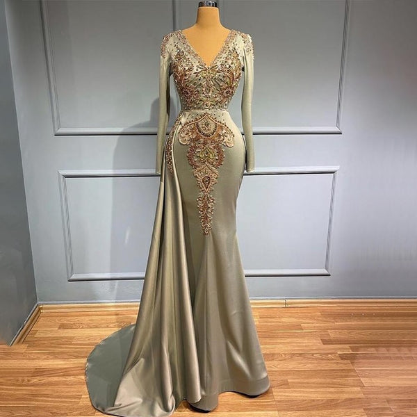 Serene Hill Muslim Mermaid Brown Overskirt Evening Dresses Gowns 2025 Luxury Elegant Beaded Satin For Women Party LA71529