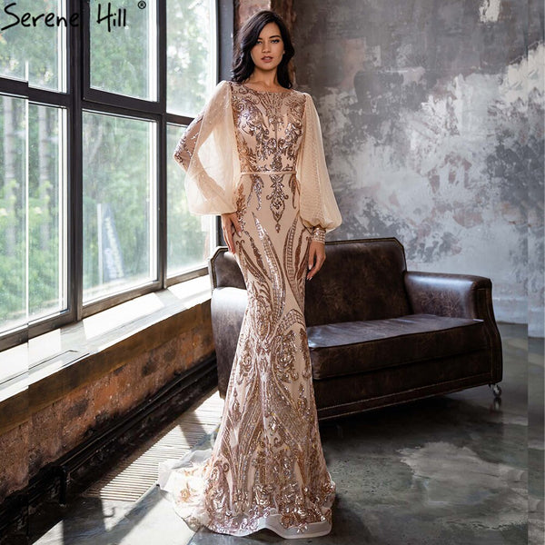 Serene Hill Muslim Mermaid Gold Evening Dresses Gowns 2025 Sparkle Luxury Elegant For Women Party LA70953