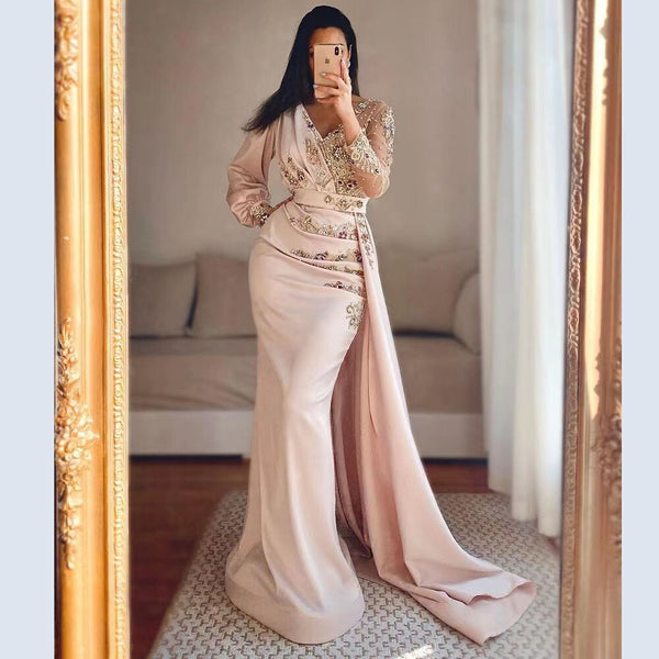 Serene Hill Muslim Mermaid Peach Satin  Elegant Beaded V Neck With Skirt   Evening Dresses Gowns 2025 For Women Party LA71344