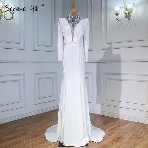Serene Hill Muslim Mermaid Satin Evening Dresseses Gowns 2025 White Elegant Beaded For Women Party LA6430