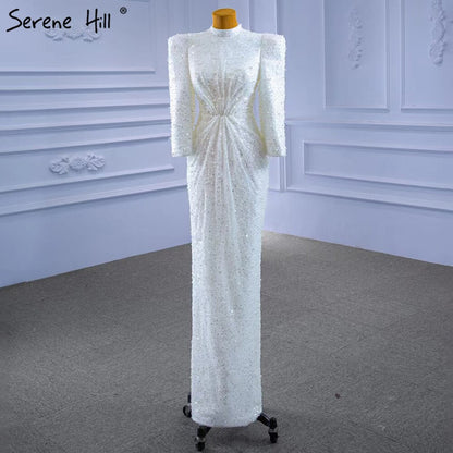 Serene Hill Muslim Mermaid White Evening Dresses Gowns 2025 Luxury Elegant Beaded For Women Party HM67335 - SERENE HILL