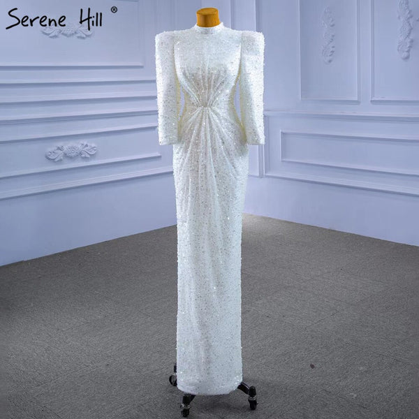 Serene Hill Muslim Mermaid White Evening Dresses Gowns 2025 Luxury Elegant Beaded For Women Party HM67335