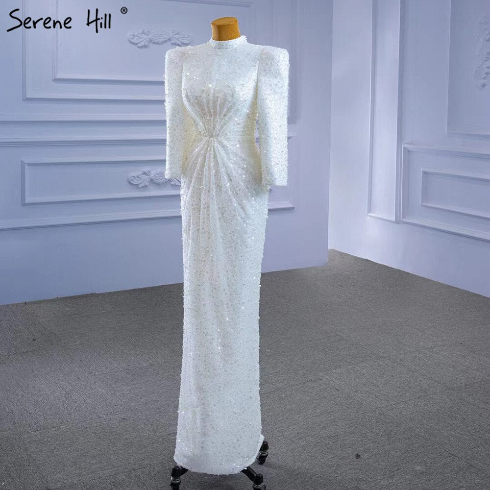 Serene Hill Muslim Mermaid White Evening Dresses Gowns 2025 Luxury Elegant Beaded For Women Party HM67335 - SERENE HILL